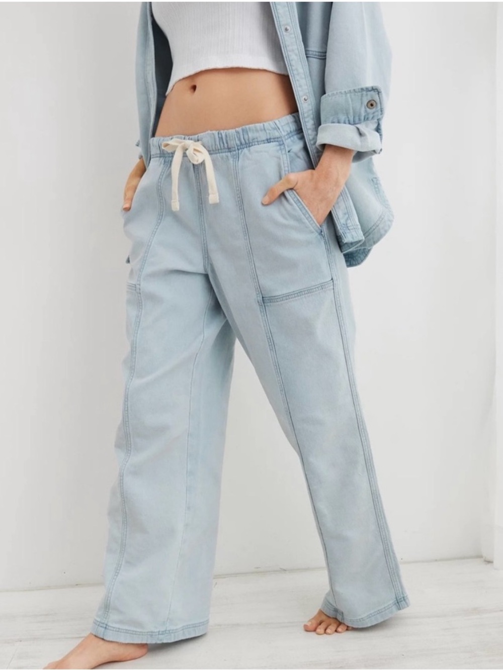 aerie Light Wash Wide-Leg Drawstring Pants
